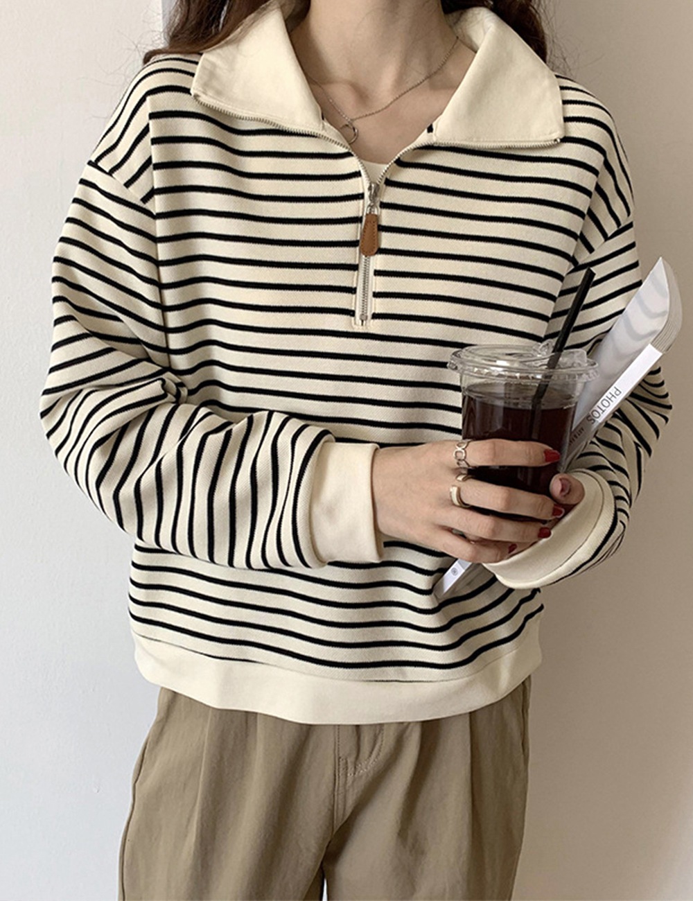 トレーナー 長袖パーカー プルオーバー トップス レディース スウェットシャツ ストライプ ハーフジップ 長袖tシャツ 春秋 お洒落 カジュアル 普段着 通勤