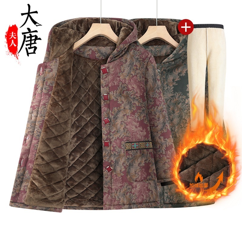中高年向け冬物厚手で裏起毛のフード付き綿入れジャケットおばあちゃんやお母さんの秋冬用防寒服