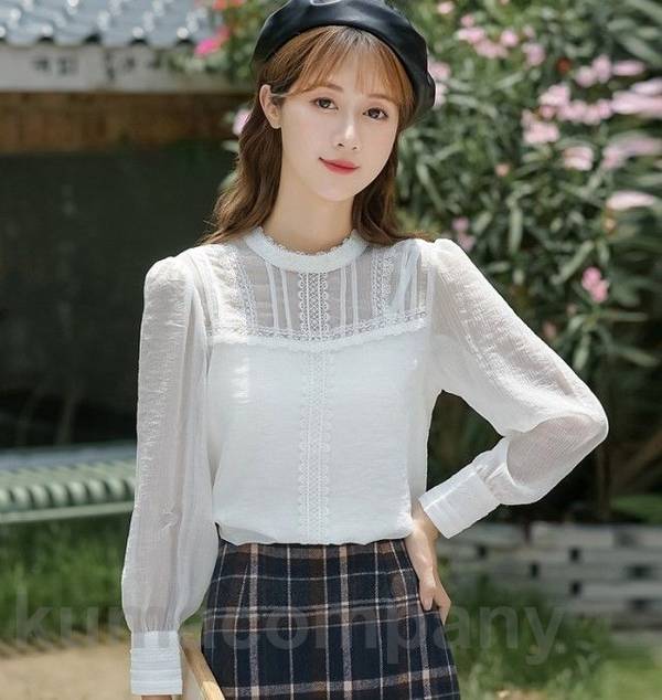 シアートップス シャツ ブラウス レディース 長袖 立ち襟 シースルー レース トップス 白 スタンドカラー 大きいサイズ 透け感 パフスリーブ 大人可愛い 韓国 ファッション 春 秋 km 1363