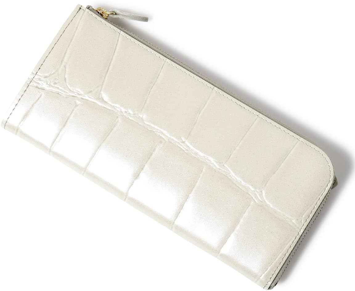 [アルカン] 長財布 L字ファスナー 本革 レディース テールワニ 1216-632 日本製 薄型 型押し エンボス ワニ 牛革 レザー 【94】 パール