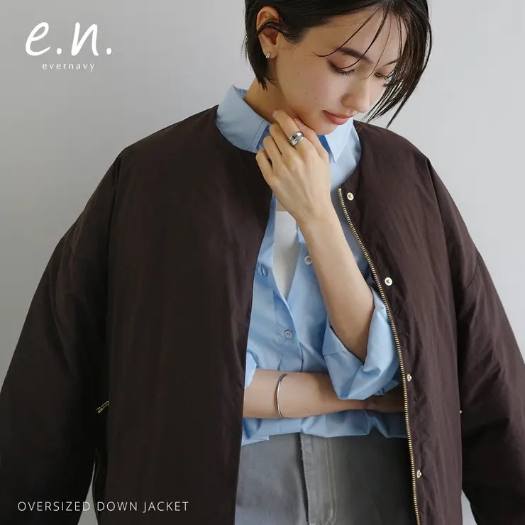 evernavy エバーネイビー ノーカラー サイドジップ ダウンジャケット レディース フレンチダウン ノーカラージャケット コート アウター 羽織り オーバーサイズ 体型カバー ゆったり 楽ちん