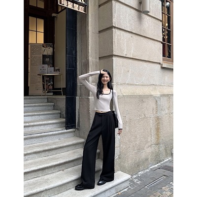 MULVANの黒いカジュアルなズボンの女性春秋ゆったりして見えます細い筒ワイドズボンのモップのズボン