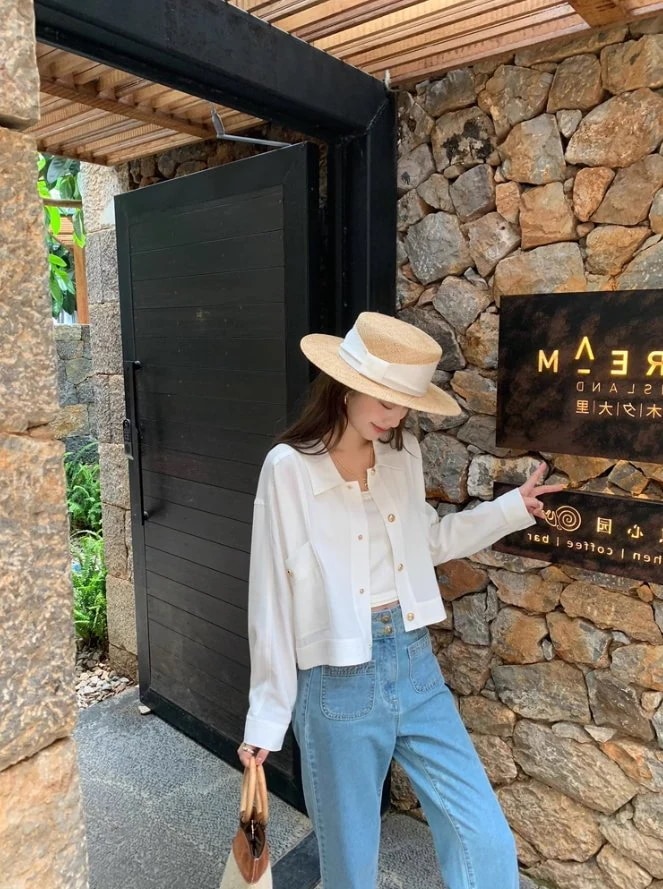 【2026 売れ中】こだわりの逸品レディース ジャケット シャツ 羽織 ショート 長袖 襟付き ボタン かわいい 人可愛い きれいめ シンプル カジュアル 上品 おしゃれ 無地 夏 S M L ホワイ