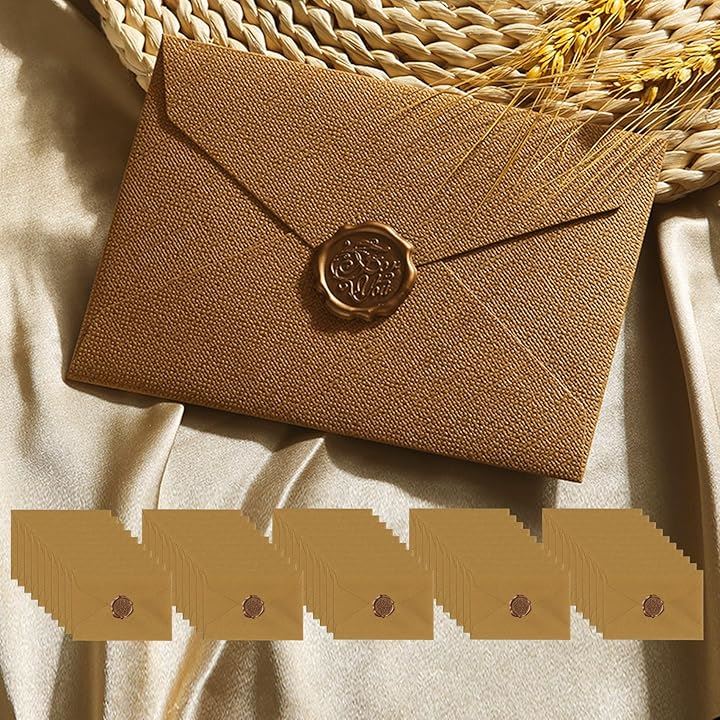 洋2封筒 おしゃれ 50枚 シーリングシール付 可愛い 状袋 リネン紙 亜麻 洋形2号 招待状 挨拶状封筒(ブラウン)