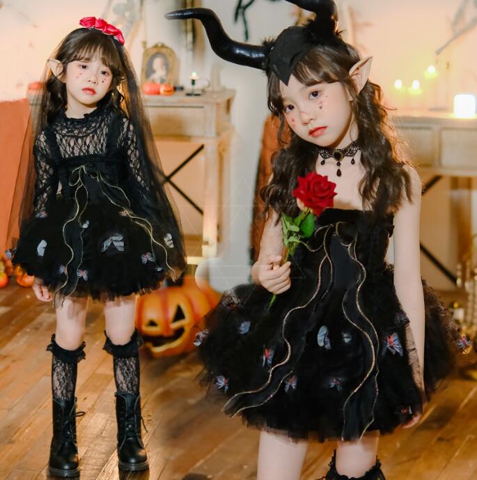 女の子 ハロウィン コスプレ衣装 悪魔 精霊 鬼花嫁 ゴースト 変身仮装 コスチューム Halloween こすぷれ 蝶柄 バタフライ 子供 ゴスロリ ゴシック 暗黒風 ドレス 女の子 キャミソール