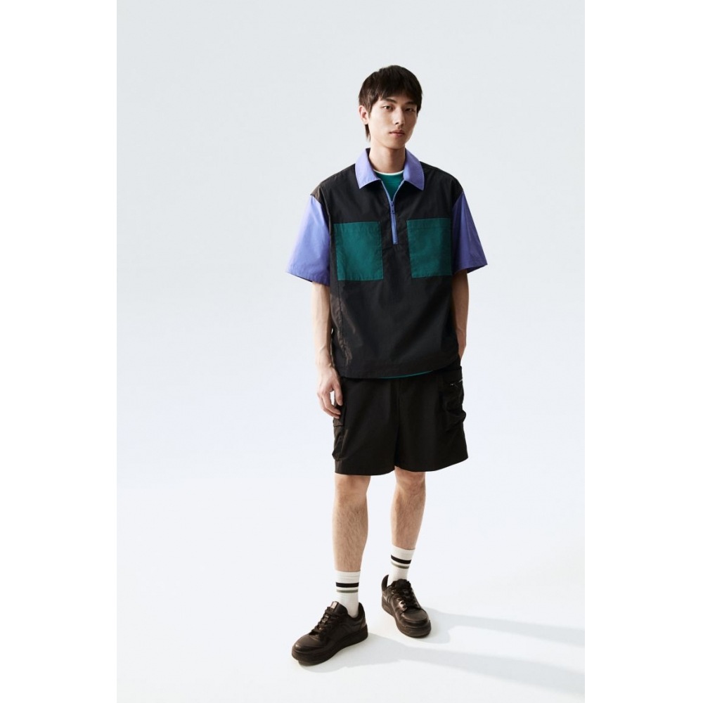 H&M ルーズフィットジップトップシャツブラック/ダークターコイズ