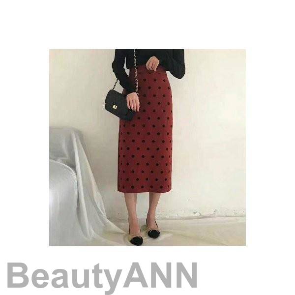 新生活 ペンシルスカート レディース 厚手 ロング丈 ドット柄 水玉柄 シンプル オシャレ カジュアル ボトムス 秋 冬 ハイウエスト プレゼント ギフト