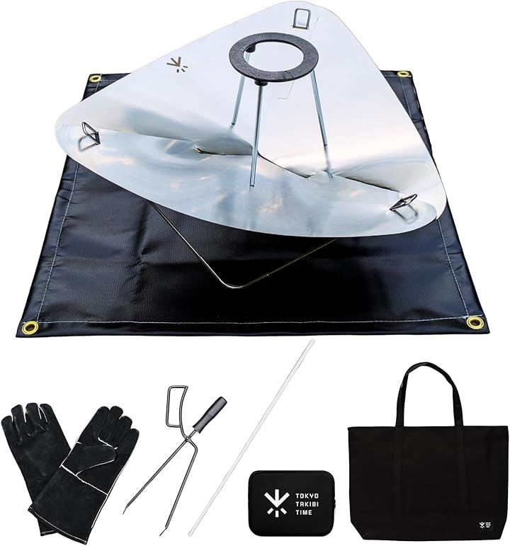 直火感覚焚火台 スターターセット セット内容： 焚き火台 五徳 焚き火シート 焚き火グローブ 薪バサミ 火吹き棒 大容量収納バッグ付き コンパクト(ブラック, スターター6点セット)