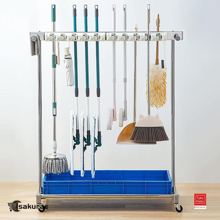 8月に新品が入荷！ほうきとモップホルダー掃除用具入れ 濡れたモップを移動可能 床取り付けモップラック 床置き掃除ツールカートストレージ ガーデンガレージ学校 病院 工場 ホテ