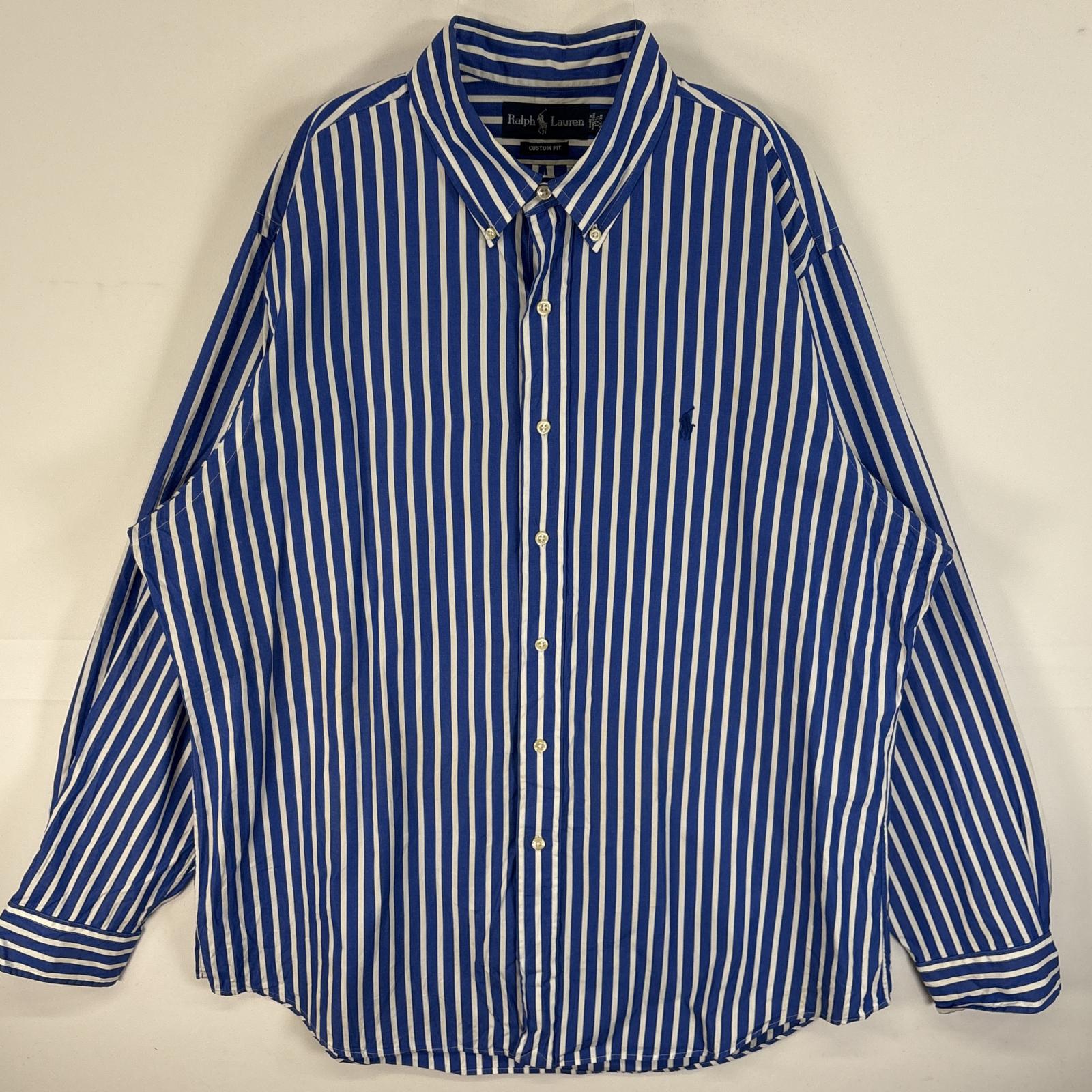 古着 長袖シャツ ロゴ 刺繍 大きいサイズ ボタンダウン 17 1/2 XL-2XL ブルー系 ストライプ メンズ