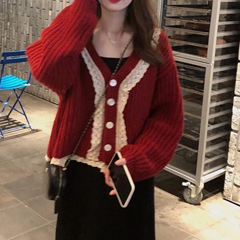 レディースセーターレディライクな気質ルーズニットカーディガン女性の春と秋の新しいスタイルの小さな香り年齢を軽減するレースのスプライシングカラーニット