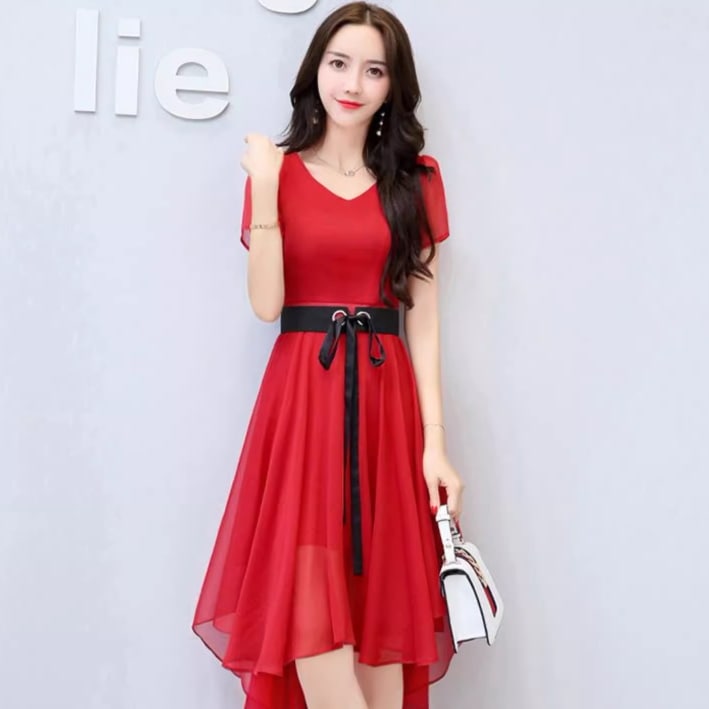 ドレス ワンピースドレス パーティー 結婚式 二次会 披露宴 ステージ キャバ 膝丈 半袖 袖あり Vネック 襟なし セミフレア Aライン シフォン ベルト ハイウエスト 透け感 薄手 可愛い