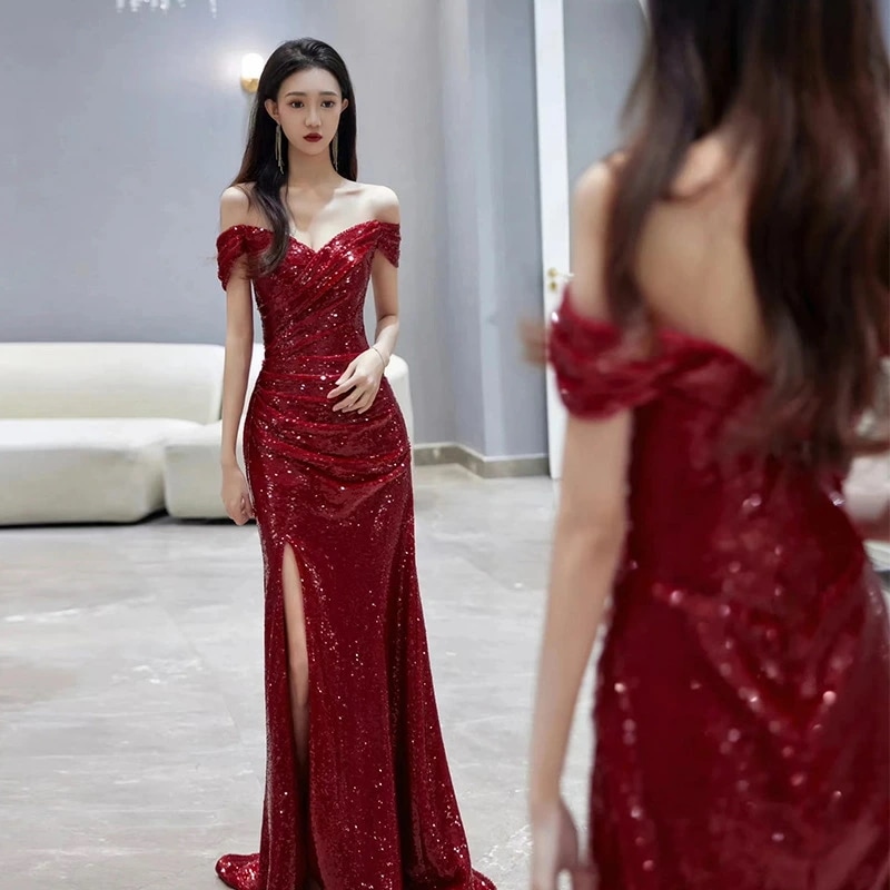 結婚式ドレス 二次会ドレス マーメイドドレス オフショルダー スリット ワイン赤 ゲストドレス キラキラドレス スパンコール ワインレッド ロングドレス イブニングドレス マーメイドライン オフショル
