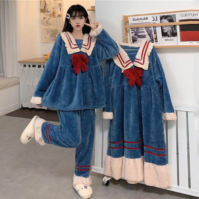 レディース セーラー風 ルームウェア セットアップ ツーピース 上下 セット ワンピース 襟付き リボン 長袖 部屋着 寝巻き ナイトウェア 上下セット かわいい シンプ 大人可愛い 韓国 オルチャン 5,181円