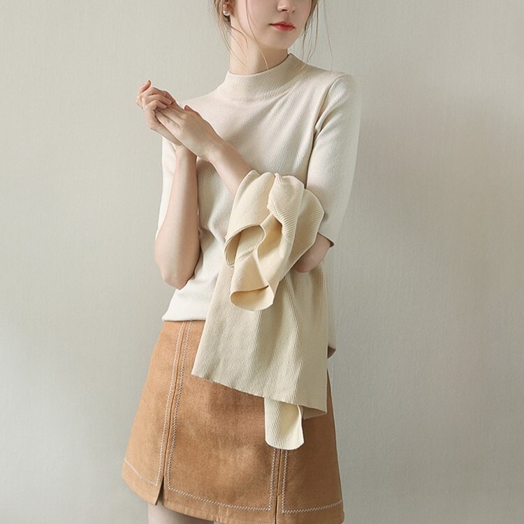 トップス カットソー 袖あり 5分袖 2XL 3XL ハイネック タートルネック スリム 細身 ストレート Iライン 薄手 大人可愛い きれいめ シンプル 上品 おしゃれ 大人女子 こなれ感 個性的