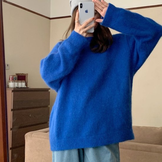 セーター ニット 長袖 プルオーバー レディース 韓国 ファッション 無地 ブルー ロイヤルブルー オーバーサイズ シンプル ベーシック オーバーサイズ ニット 長袖 プルオーバー レディース