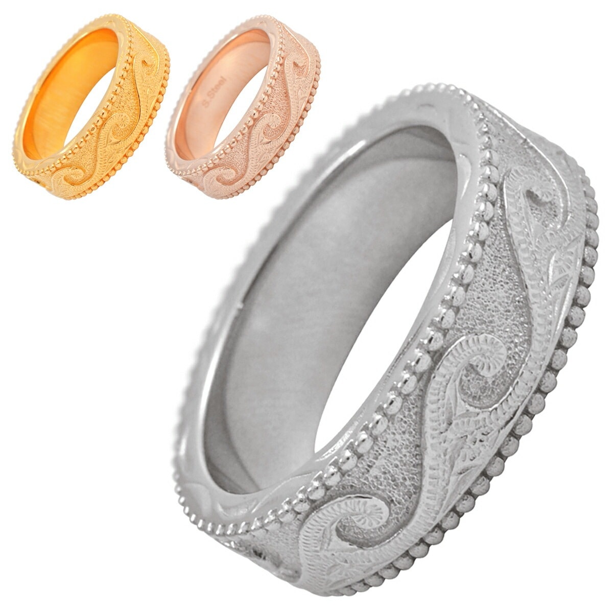 ハワイアンジュエリー リング メンズ サージカルステンレス製 ミル打ち ミルグレイン スクロール