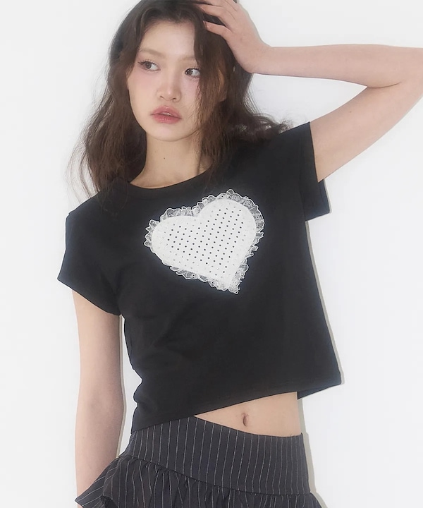 Tシャツ・カットソー ILLIGO lace heart dot t-shirt 5BMR0218 Qoo10 ILLIGO LACE HEART DOT ドット 半