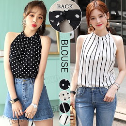 ✨韓国 ファッションレディース【夏新作】 ドット ストライプ ブラウス ノースリーブ フリル スタンドカラー トップス / スタンドフリルノースリドットブラウス