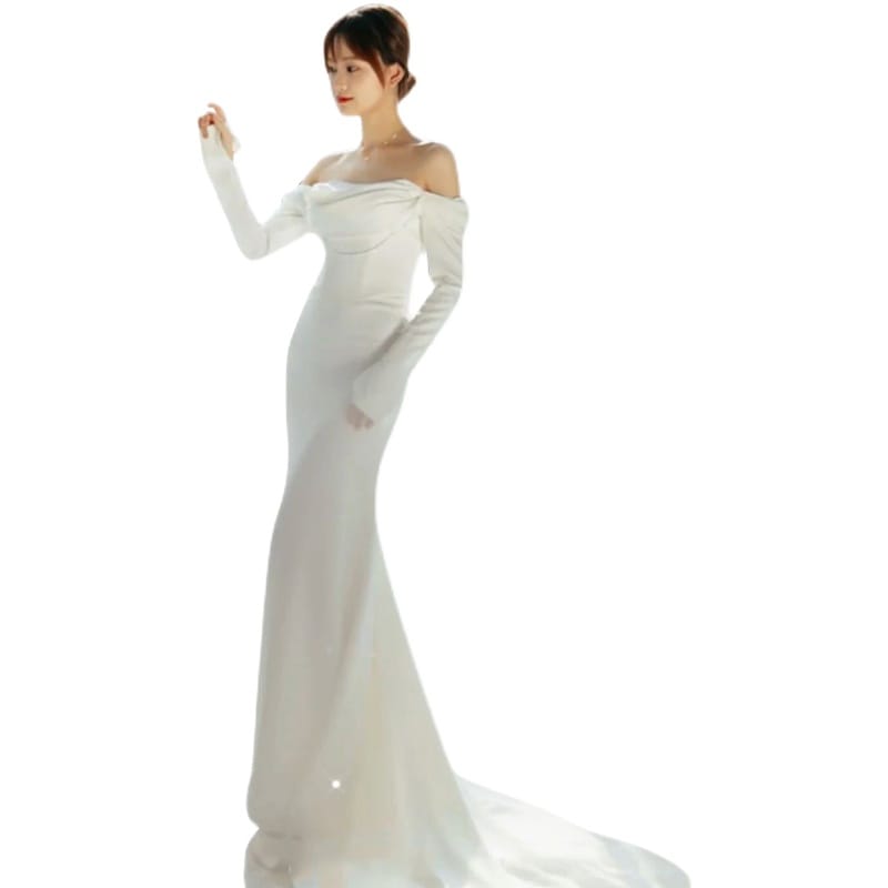 ワンショルダー長袖イブニングドレスホワイトシンプルラージサイズウェディングウェルカムドレスレディース