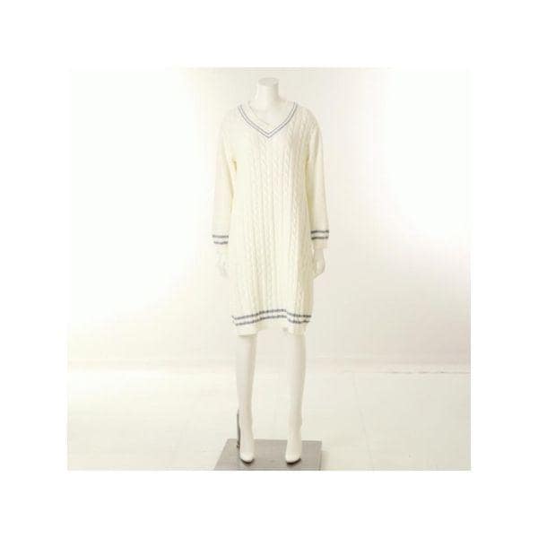 ビーナス ノーマル Vネック 編み込み ジャカード セーター 女性 ワンピース 室内着 VEV3976L IV C_P409434254
