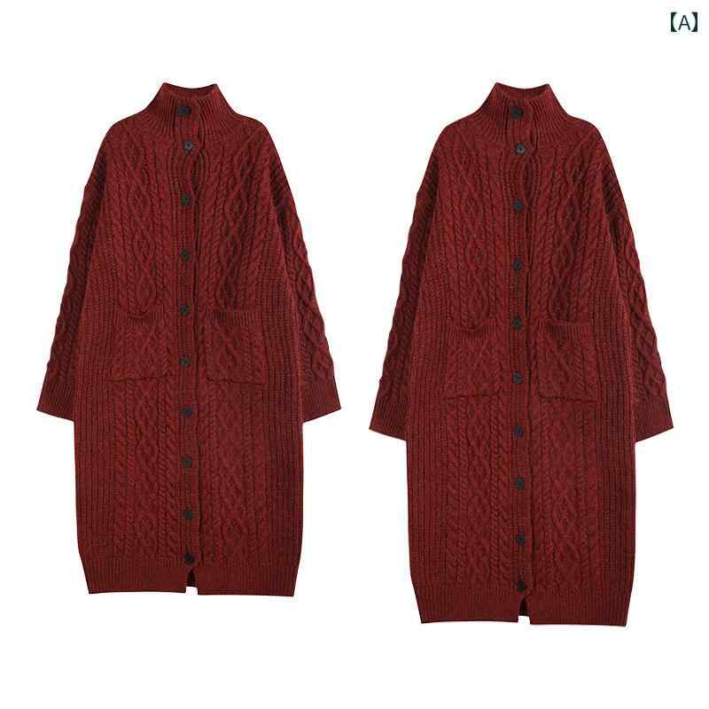 ニット レディース カーディガン おしゃれ カジュアル ロング セーター 秋冬 韓国 赤 黒 グレー