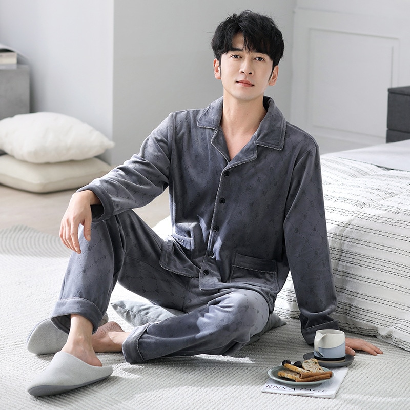 パジャマメンズ冬コーラルベルベット厚みのあるベルベットメンズ秋冬アイランドベルベットパパフランネルホーム服