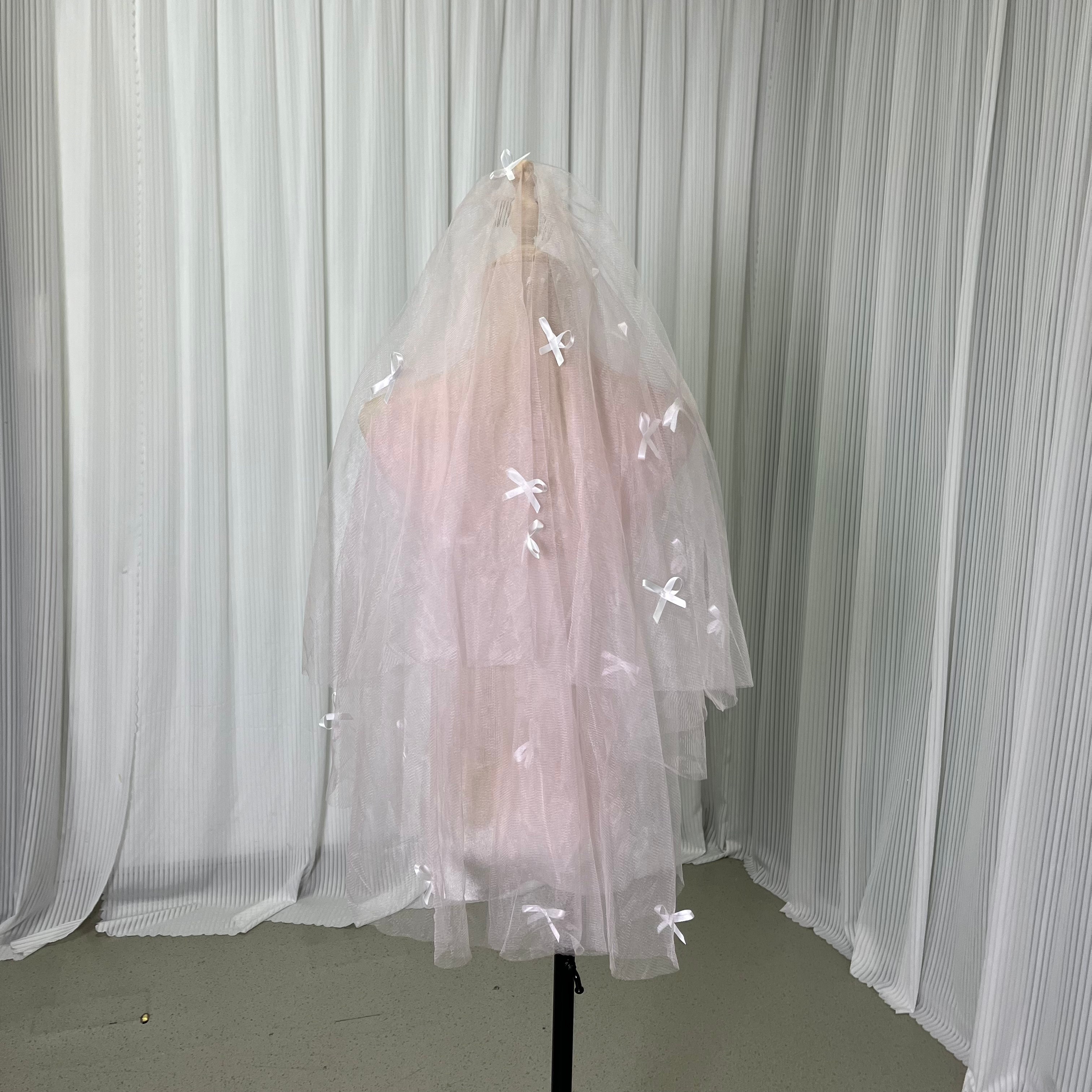 ショートベール 可愛い ピンク リボン ソフトチュール コーム付き 花嫁/ウェディングドレスドレス