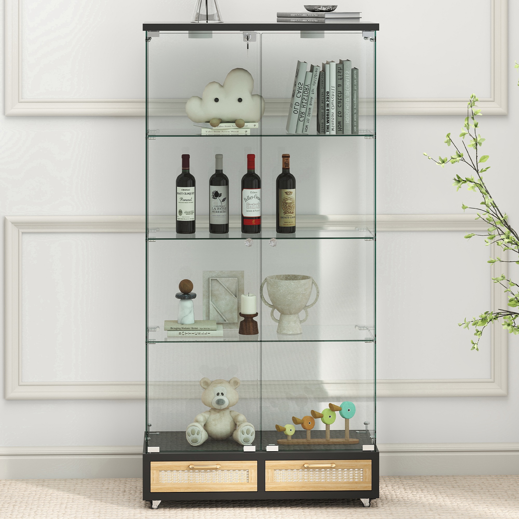 【迅速な出荷/2199】LED照明・藤編み引き出し付き ガラス収納キャビネットロック付き強化ガラス 4段 展示ケースリビング・寝室用 両開きドア ブラック