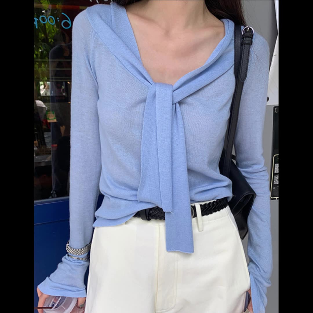 ニットトップス レディース 羊毛 クルーネック ショルダーオープン 長袖 リボン付き 温柔