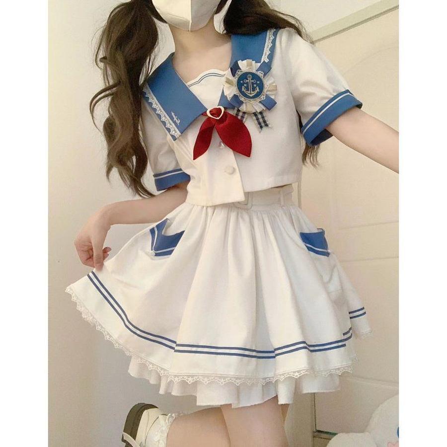 ロリータ 二次元 ハロウイン 韓国ファッション ワンピース甘くて クールな ホットガール 制服 スーツ スカート カラーコントラスト ステッチショート トップ ハイウエスト チュチュスカ