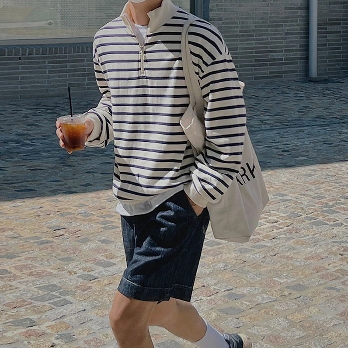 ロンT メンズ 長袖tシャツ オーバーサイズ ボーダー アメカジ ストリート ハーフジップ カットソー ロングスリーブ 大きいサイズ ビッグシルエット ロングtシャツ 長袖 tシャツ 韓国 ファッショ 5,142円