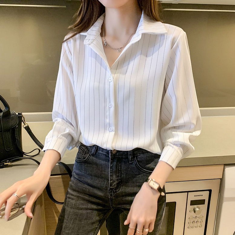 シャツ トップス ストライプベーシックシャツ レディース ストライプシャツ ビジネスシャツ ストライプ柄 襟付き 長袖 ブラウス シフォンシャツ 白 青 ホワイト ブルー シンプル きちんと感 可愛い