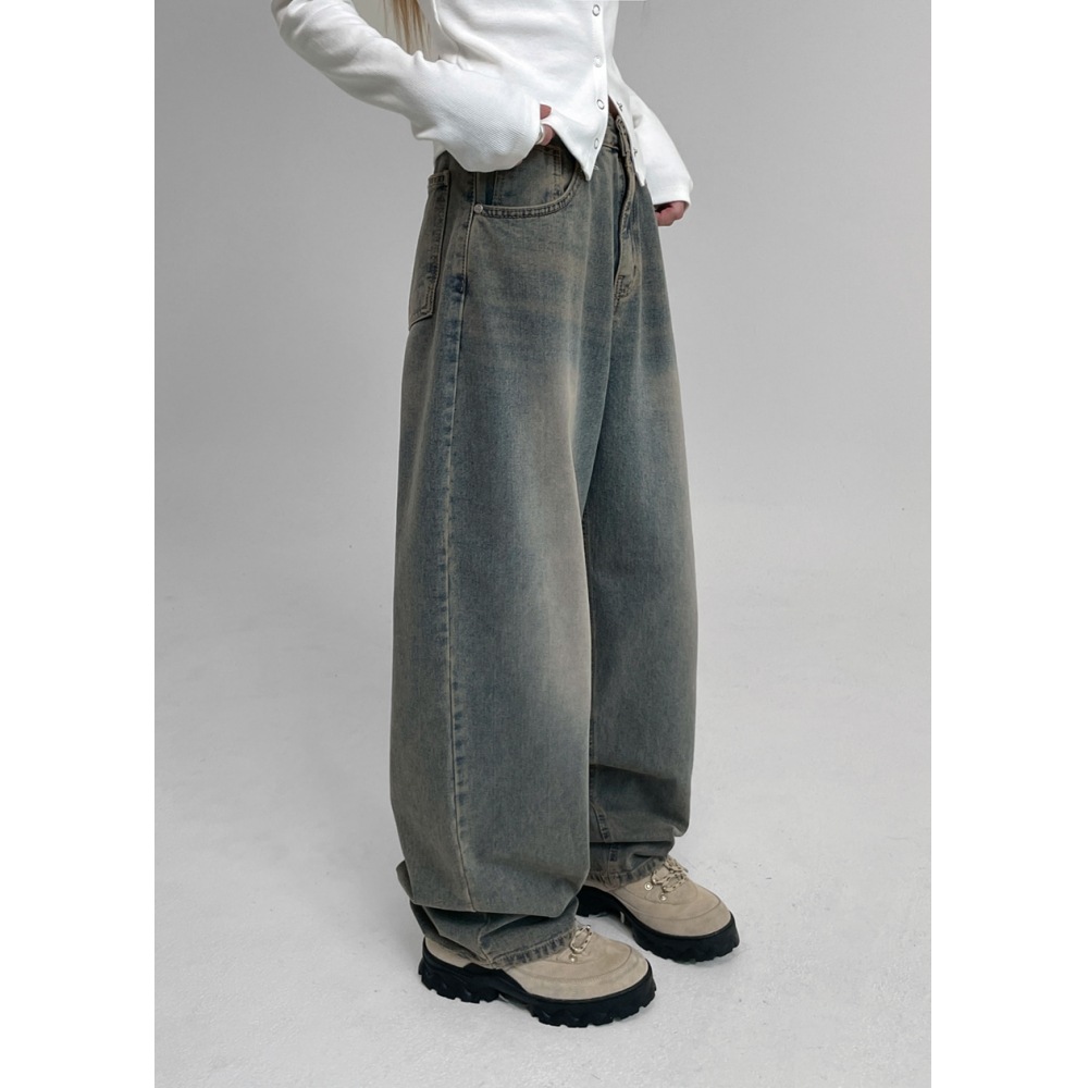 ブラックアップニッケルウォッシュワイドデニムパンツ