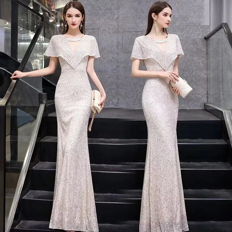 宴会イブニングドレス女性2024気質シルバー雰囲気テールドレスホスト