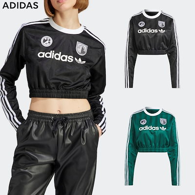 韓国人気レディース[アディダス] クロップ長袖 Tシャツ ブラック adidas tシャツ スリーストライプス クロップド 長袖Tシャツ