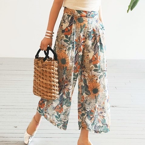 ワイド花柄シフォンビーチのパンツ　0288