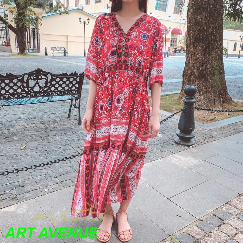 夏ワンピース ロングワンピース フレアワンピース 五分袖 落ち感 涼しい Vネック 大人 可愛い パーティードレス お呼ばれワンピース 30代40代 旅行 ビーチ