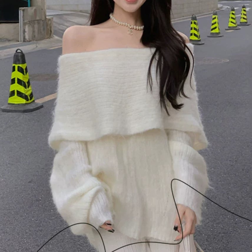 レディース トップス ニット セーター プルオーバー ミディアム丈 長袖 萌袖 オフショルダー ワンショルダー デコルテ 鎖骨 ストレート ドレープ フェミニン スリット リブ リブニット 伸縮性 5,096円