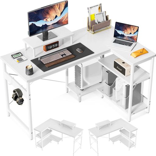 ODK パソコンデスク L字デスク ゲーミングデスク L字型 デスク 机 幅120CM ラック付き PCデスク コーナーデスク 収納 オフィスデスク 在宅勤務 書斎 組立簡単 ホワイト
