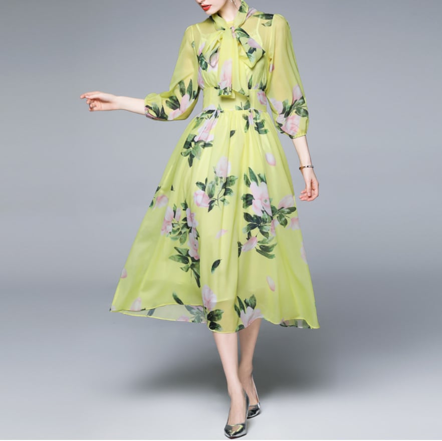 ワンピース 上着 人気 おすすめ おしゃれ お洒落 激安 安い プチプラ 長袖 ロング ハイネック　ふんわり　とろみ　ロングスカート 柄 プリント 花柄 リボン シアー 透け lone029