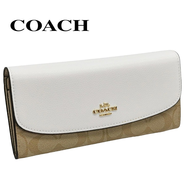 コーチ 長財布 COACH 二つ折り財布 シグネチャー 被せ型 財布 レディース ブラウン×ホワイト F54022