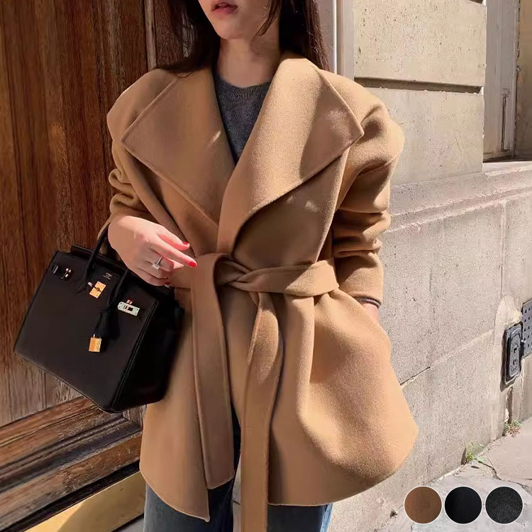 コート レディース ガウン 韓国 ゆったり アウター 襟付き ショート丈 ガウンコート セミロング ミドル丈 ショートコート 大きめ襟 エレガント 大人 おしゃれ 通勤 シンプル ベージュ 黒