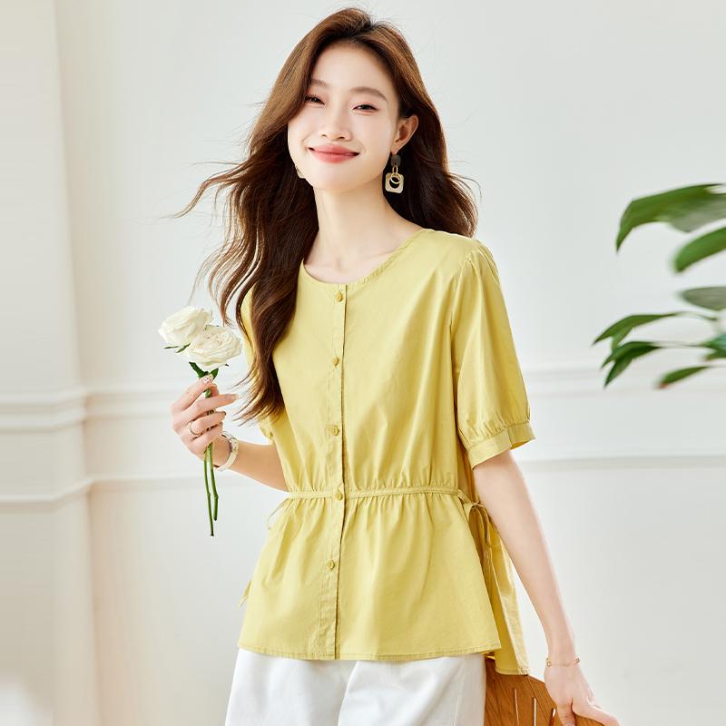 レディース トップス ファッション 上品 オフィス カジュアル 婦人服 おしゃれ 黄 半袖 シフォン シャツ 夏 小さめ 体型カバー Pu シャツ