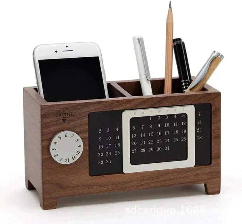 売れ ペン立て 木製 多機能 万カレンダー付 カレンダーペンホルダー 名刺 ペン 定規 整理整頓 小物収納 ペンスタンド 収納ホルダー フォン収納 スマホスタンド オフィス 事務所 学校 収納ケース