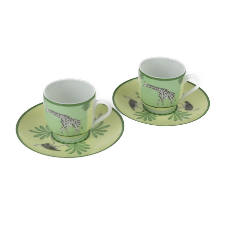 新品未使用展示品 HERMES エルメス 食器 - アフリカ デミタスカップ＆ソーサー 磁器 ポーセリン グリーン系 2客 セット ペア キリン アニマル【本物保証】