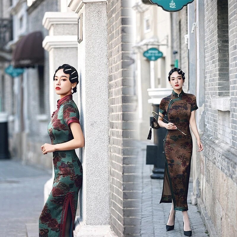 の新しいシアサッカーチャイナドレスレディースドレススリムで薄いレトロな改良されたロングチャイナド