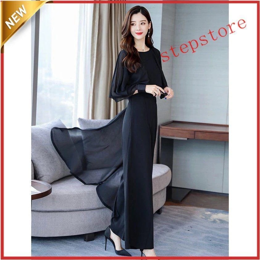 新品（第1弾セール中）パンツドレス 結婚式 お呼ばれドレス 黒 韓国 パーティードレス セットアップ フォーマル シフォン ワイドパンツ 大きいサイズ 3L