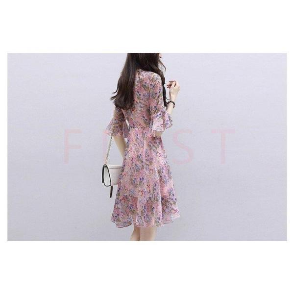 ワンピース レディース 夏 七分袖ミニワンピース フレア 花柄 ワンピース シフォンワンピース 韓国風 ショット丈ワンピース オシャレ 上品