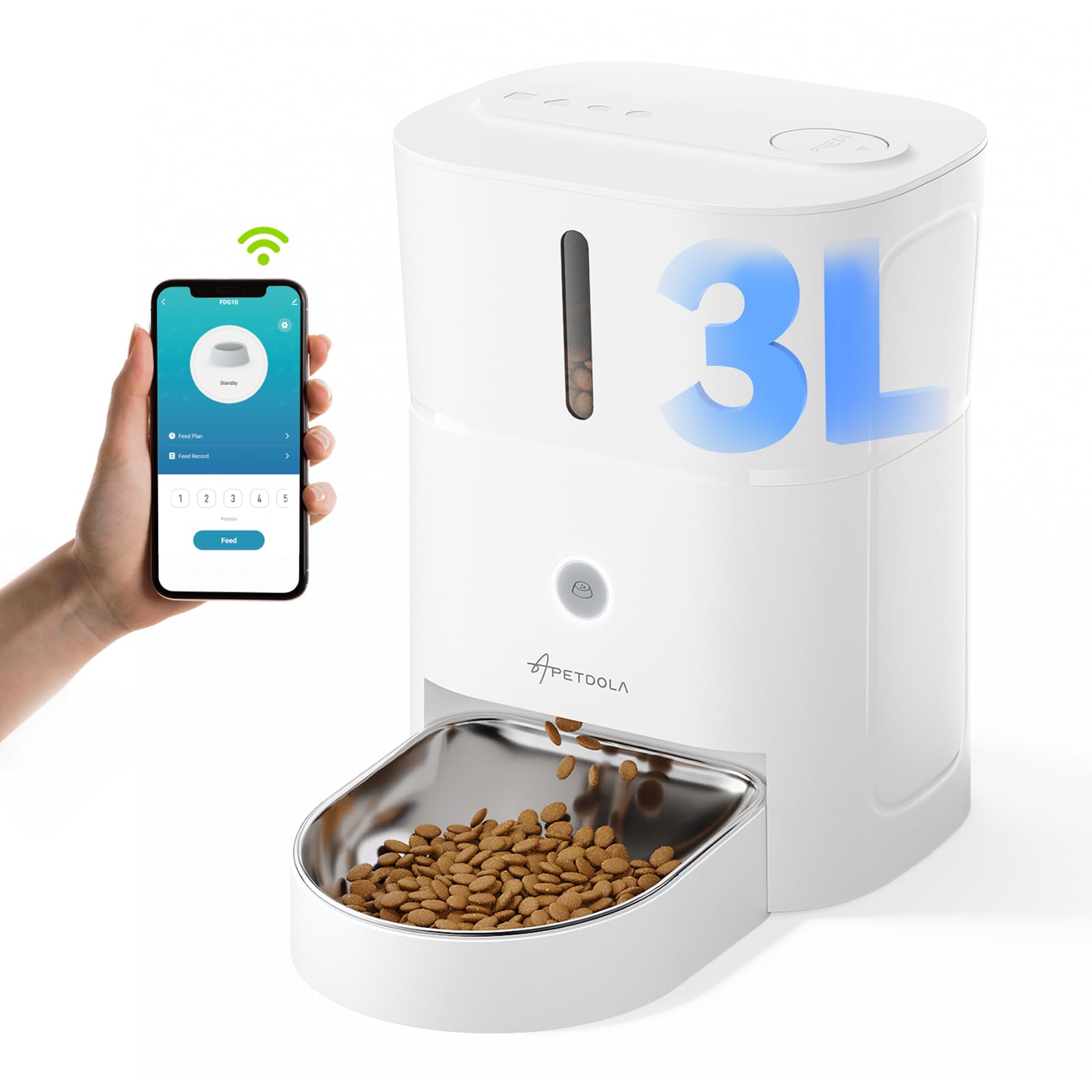 APD APETDOLA 自動給餌器 猫 アプリ操作 定時定量 1日6食 自動餌やり機 音声録音 3L容量 鮮度保持 2WAY給電 手動給餌可 ステンレス皿 WiFi式 スマホ遠隔操作 操作簡単 猫